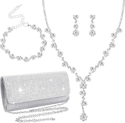 4 Pcs Silver Jewelry Set,Clutch Purses for Women Evening,Prom Accessories,Bling Rhinestone Necklace Bracelets Earrings in Saudi Arabia