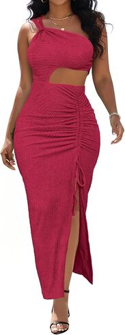 Aro Lora Womens Sexy One Shoulder Cut Out Midi Dress Ruched Side Slit Summer Beach Vacation Bodycon Party Long Dresses in Saudi Arabia