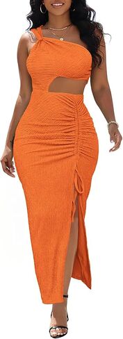 Aro Lora Womens Sexy One Shoulder Cut Out Midi Dress Ruched Side Slit Summer Beach Vacation Bodycon Party Long Dresses in Saudi Arabia