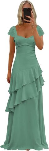 Tiered Ruffles Bridesmaid Dresses for Women Chiffon Sweetheart Long Prom Dress with Sleeves in Saudi Arabia