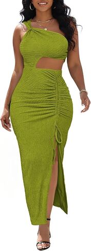 Aro Lora Womens Sexy One Shoulder Cut Out Midi Dress Ruched Side Slit Summer Beach Vacation Bodycon Party Long Dresses in Saudi Arabia