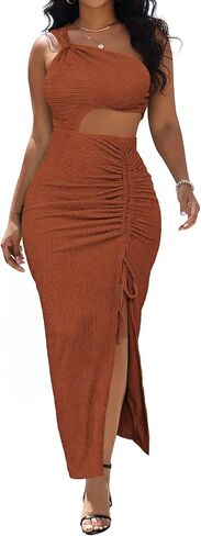 Aro Lora Womens Sexy One Shoulder Cut Out Midi Dress Ruched Side Slit Summer Beach Vacation Bodycon Party Long Dresses in Saudi Arabia