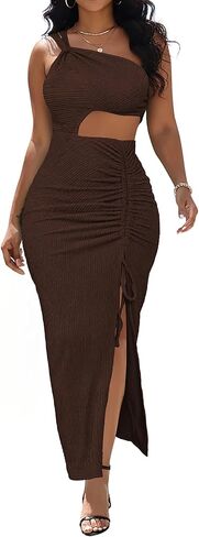 Aro Lora Womens Sexy One Shoulder Cut Out Midi Dress Ruched Side Slit Summer Beach Vacation Bodycon Party Long Dresses in Saudi Arabia