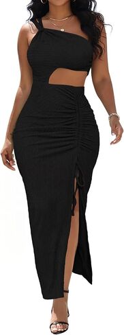 Aro Lora Womens Sexy One Shoulder Cut Out Midi Dress Ruched Side Slit Summer Beach Vacation Bodycon Party Long Dresses in Saudi Arabia