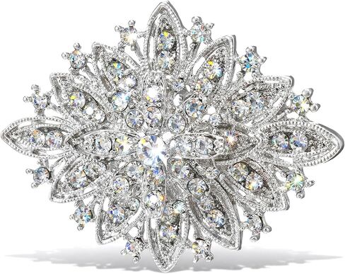 Crystal Rhinestone Brooch, Clear Silver Brooch, Elegant Flower Art Deco Brooches for Women Wedding Festival Jewelry Gift in Saudi Arabia
