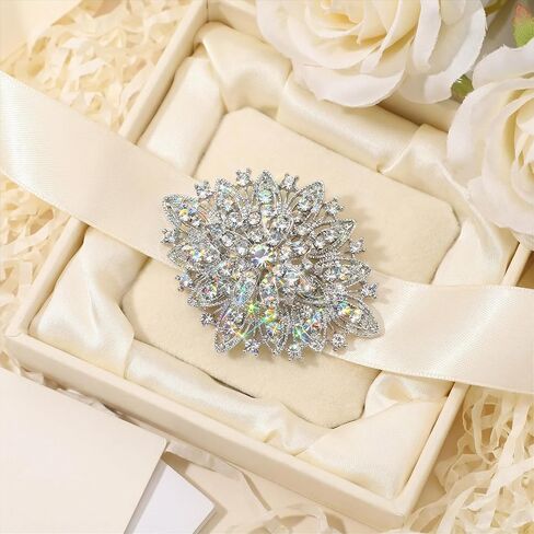 Crystal Rhinestone Brooch, Clear Silver Brooch, Elegant Flower Art Deco Brooches for Women Wedding Festival Jewelry Gift in Saudi Arabia