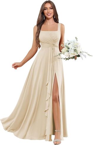 Chiffon Bridesmaid Dress for Women - Square Neck A Line Pleated Slit Formal Evening Dress with Pockets in Saudi Arabia