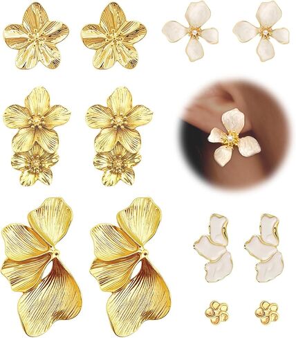 Gold Flower Statement Earrings for Women Chunky Elegant Pastel Floral Leaf Earrings Fashion Large Irregular Big Fall Flower Stud Dangle Earring Set in Kuwait