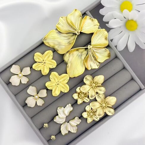 Gold Flower Statement Earrings for Women Chunky Elegant Pastel Floral Leaf Earrings Fashion Large Irregular Big Fall Flower Stud Dangle Earring Set in Saudi Arabia