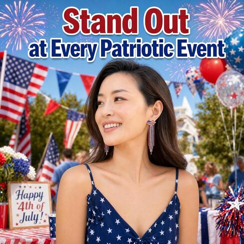 Tasunom American Flag Dangle Earrings for Women, Patriotic 4th of July Earrings, 14K Gold Plated CZ Crystal USA Flag Drop Earrings with S925 Post in Saudi Arabia