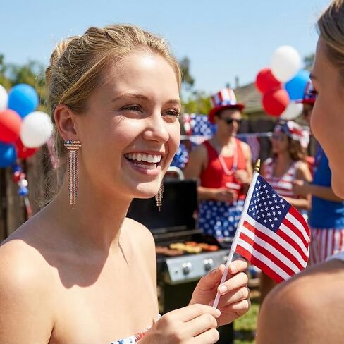 Tasunom American Flag Dangle Earrings for Women, Patriotic 4th of July Earrings, 14K Gold Plated CZ Crystal USA Flag Drop Earrings with S925 Post in Saudi Arabia