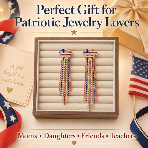 Tasunom American Flag Dangle Earrings for Women, Patriotic 4th of July Earrings, 14K Gold Plated CZ Crystal USA Flag Drop Earrings with S925 Post in Saudi Arabia