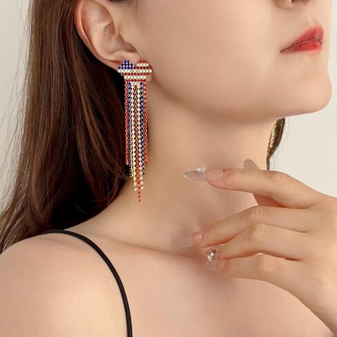 Tasunom American Flag Dangle Earrings for Women, Patriotic 4th of July Earrings, 14K Gold Plated CZ Crystal USA Flag Drop Earrings with S925 Post in Saudi Arabia