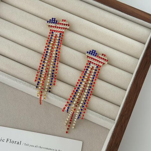 Tasunom American Flag Dangle Earrings for Women, Patriotic 4th of July Earrings, 14K Gold Plated CZ Crystal USA Flag Drop Earrings with S925 Post in Saudi Arabia