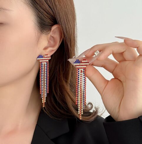Tasunom American Flag Dangle Earrings for Women, Patriotic 4th of July Earrings, 14K Gold Plated CZ Crystal USA Flag Drop Earrings with S925 Post in Saudi Arabia