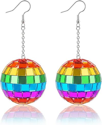 Handmade Pride Earrings, Retro Disco Ball Earrings, Rainbow Earrings for Women, Pride Accessories, Lightweight Rainbow Jewelry, 70's Disco Punk Earrings for Women in Saudi Arabia