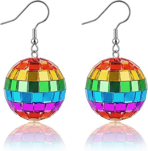 Handmade Pride Earrings, Retro Disco Ball Earrings, Rainbow Earrings for Women, Pride Accessories, Lightweight Rainbow Jewelry, 70's Disco Punk Earrings for Women in Kuwait