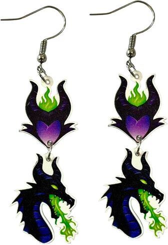أقراط متدلية على طراز Maleficent للنساء، تصميم تنين أرجواني وأخضر، طباعة مزدوجة الجوانب، لا تسبب الحساسية، 2.5 بوصة in Kuwait