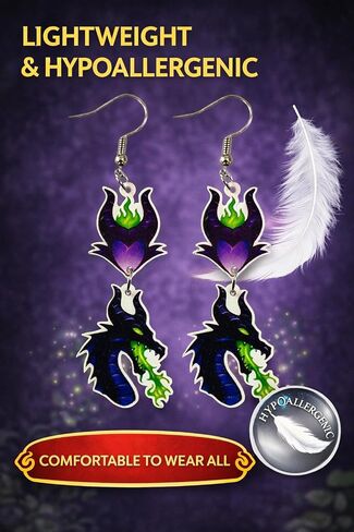 أقراط متدلية على طراز Maleficent للنساء، تصميم تنين أرجواني وأخضر، طباعة مزدوجة الجوانب، لا تسبب الحساسية، 2.5 بوصة in Kuwait
