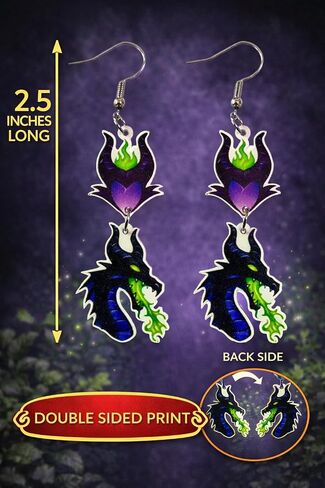 أقراط متدلية على طراز Maleficent للنساء، تصميم تنين أرجواني وأخضر، طباعة مزدوجة الجوانب، لا تسبب الحساسية، 2.5 بوصة in Kuwait