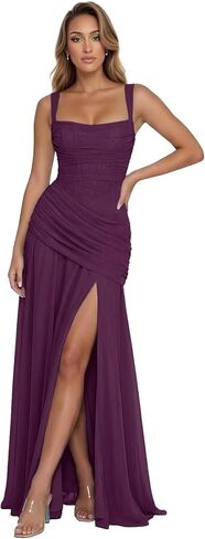 ZHengquan Square Neck Chiffon Bridesmaid Dresses Long for Women Pleated Spaghetti Straps Mermaid Formal Gown with Slit in Kuwait
