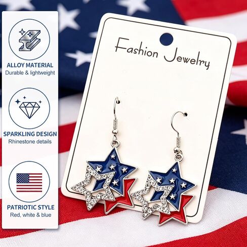 July 4th Earrings for Women, Patriotic American Flag Red White Blue Stars Earrings, Crystal Dangle Earrings 4th of July Accessories Independence Day Gifts in Saudi Arabia