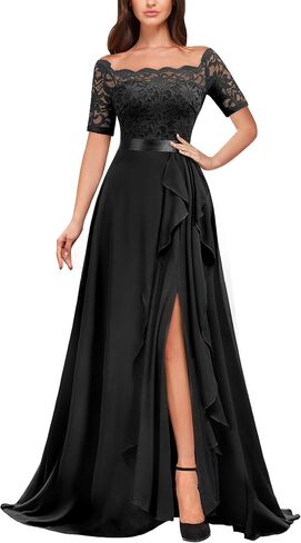 Miusol Women's Off Shoulder Classic Floral Lace Ruffle Short Sleeve Formal Wedding Maxi Dress in Kuwait
