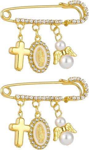 Cottvott St. Benedict Safety Pin Crystals Brooch Lapel Pins with Cross Pendant Our Lady Guadalupe Medal Imitation Pearl Brooch for Women Backpack Clothing Badges in Kuwait