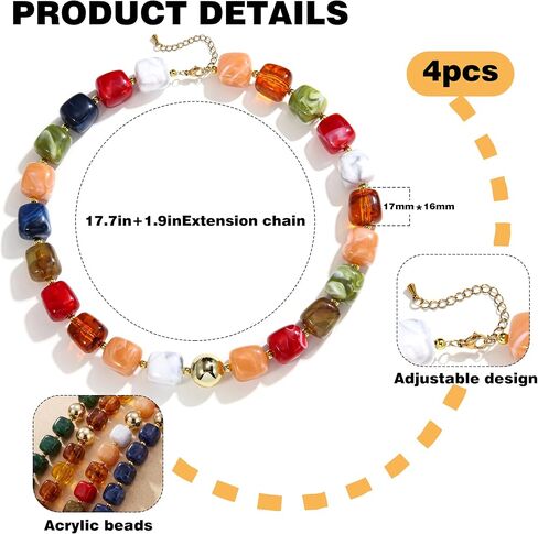 BOMAIL 4PCS Chunky Acrylic Beads Necklaces for Women | Boho Colorful Resin Bead, Largr Rainbow,Big Bead,Adjustable Lightweight Choker,Trendy Summer Beach Jewelry in Saudi Arabia