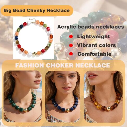 BOMAIL 4PCS Chunky Acrylic Beads Necklaces for Women | Boho Colorful Resin Bead, Largr Rainbow,Big Bead,Adjustable Lightweight Choker,Trendy Summer Beach Jewelry in Saudi Arabia