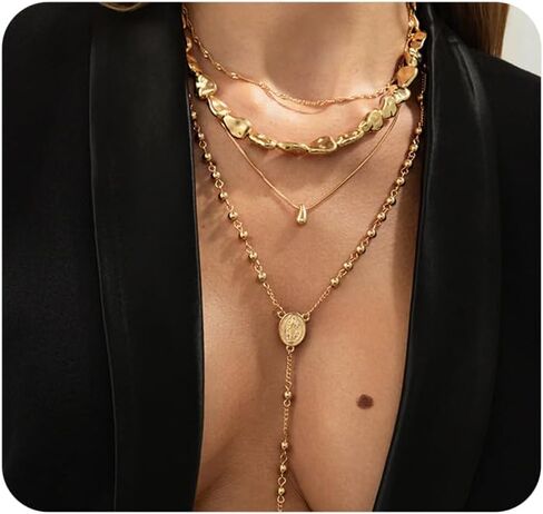Gold Layered Irregular Geometric Necklace for Women,Fashion Long Stackable Round Bead Choker Necklace,Trendy Prom Party Jewelry Accessories in Saudi Arabia