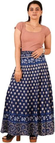 Cotton Long Maxi Wrap Skirt, Floral Block Print, Indigo Blue in Saudi Arabia