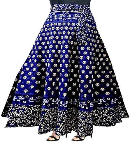 Cotton Long Maxi Wrap Skirt, Floral Block Print, Indigo Blue in Saudi Arabia