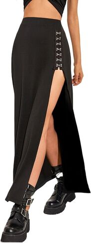 Women's Black Goth Long Maxi Skirts Side Slit High Waisted Stretchy Causal Rave Night Club Skirts with Hookbuckle in Saudi Arabia