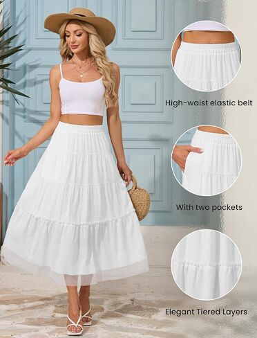 FireSwan Long Skirts for Women High Waisted Maxi Skirt Boho Tiered with Pocket Beach Vacation Casual Summer Trendy in Saudi Arabia