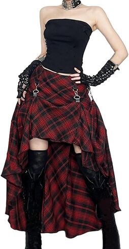 Womens Goth Plaid Skirts High Waist Asymmetrical Long Maxi Skirt Emo Grunge Punk Pleated Skirts in Kuwait