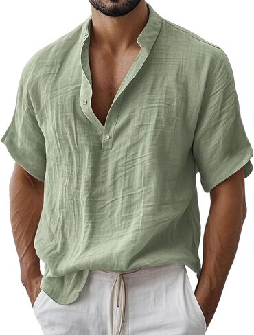 Linen Henley Shirts for Men Short Sleeve Button Shirt Casual Summer T Shirts Lightweight Breathable Beach Vacation Tops in Saudi Arabia