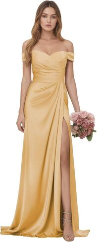 Satin Off Shoulder Bridesmaid Dresses Long for Wedding Guest Mermaid Formal Prom Dresses with Slit BD013 in Saudi Arabia