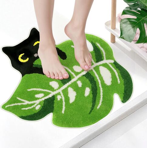Bathroom Rugs with Green Leaf,Black Cat Monstera Rug,Large Cute Bath Rug 30" x 28", Soft Absorbent Non Slip Rugs for Shower,Tub,Bathroom& Bedroom in Saudi Arabia