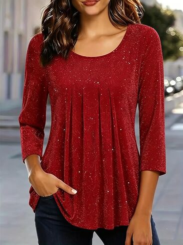 Women's Glitter Pleated Tunic Top Round Neck 3/4 Sleeve Loose Fit Sparkly Casual Blouse in Kuwait