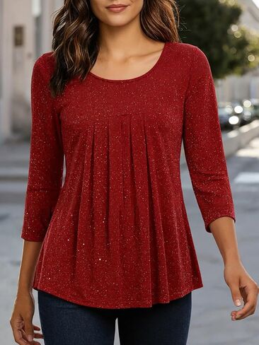 Women's Glitter Pleated Tunic Top Round Neck 3/4 Sleeve Loose Fit Sparkly Casual Blouse in Kuwait