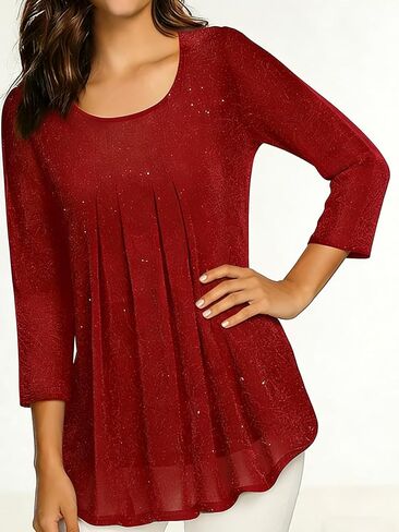 Women's Glitter Pleated Tunic Top Round Neck 3/4 Sleeve Loose Fit Sparkly Casual Blouse in Kuwait
