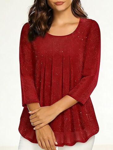 Women's Glitter Pleated Tunic Top Round Neck 3/4 Sleeve Loose Fit Sparkly Casual Blouse in Kuwait