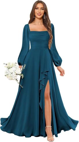 Women's Long Sleeve Bridesmaid Dresses with Slit Square Neck Chiffon Ruffle Formal Evening Paty Gowns in Saudi Arabia