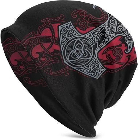 Unique 3D Design Viking Beanie with Skull Print in Black Versatile Slouchy Knit Hat for Men and Women for Year Round-Use in Kuwait