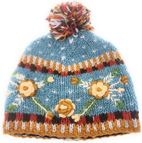 Hand Knit Warm Wool Beanie Hat with Colorful Embroidery and Applique Flower Detail Fleece Lined Made in Nepal in Saudi Arabia