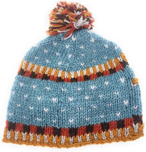 Hand Knit Warm Wool Beanie Hat with Colorful Embroidery and Applique Flower Detail Fleece Lined Made in Nepal in Saudi Arabia