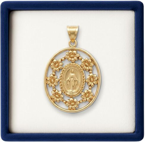 Cross+Crown Frame Design 14K Yellow Gold Virgin Mary Miraculous Medal for Women & Men, Durable Double-Bonded 14K Yellow Gold Virgin Mary Pendant for Necklace with Premium Jewelry Box, Women & Mens Gold Virgin Mary Medal, Handcrafted Religious Jewelry in t in Saudi Arabia