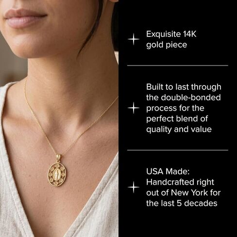 Cross+Crown Frame Design 14K Yellow Gold Virgin Mary Miraculous Medal for Women & Men, Durable Double-Bonded 14K Yellow Gold Virgin Mary Pendant for Necklace with Premium Jewelry Box, Women & Mens Gold Virgin Mary Medal, Handcrafted Religious Jewelry in t in Saudi Arabia