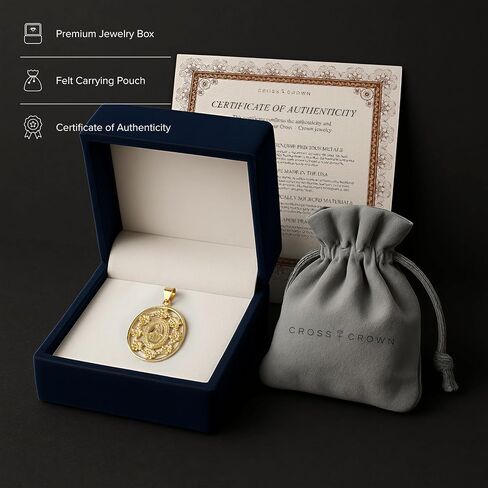 Cross+Crown Frame Design 14K Yellow Gold Virgin Mary Miraculous Medal for Women & Men, Durable Double-Bonded 14K Yellow Gold Virgin Mary Pendant for Necklace with Premium Jewelry Box, Women & Mens Gold Virgin Mary Medal, Handcrafted Religious Jewelry in t in Saudi Arabia